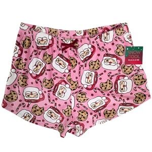 Snow Cool Plush Christmas Pajama‎ Shorts Santa Cookies Pink Womens XL New